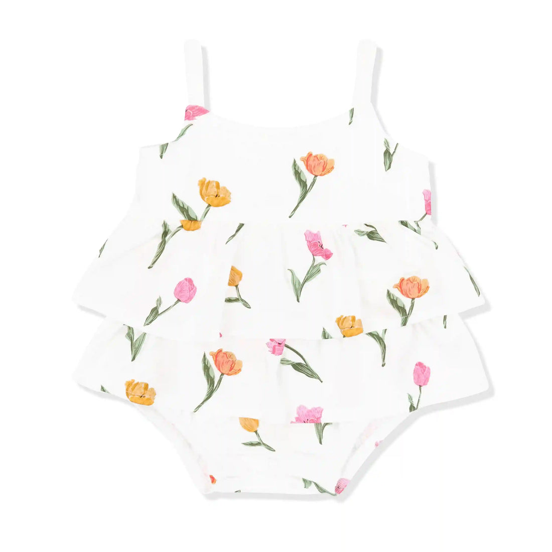 Spaghetti Strap Ruffle Romper in Tulip