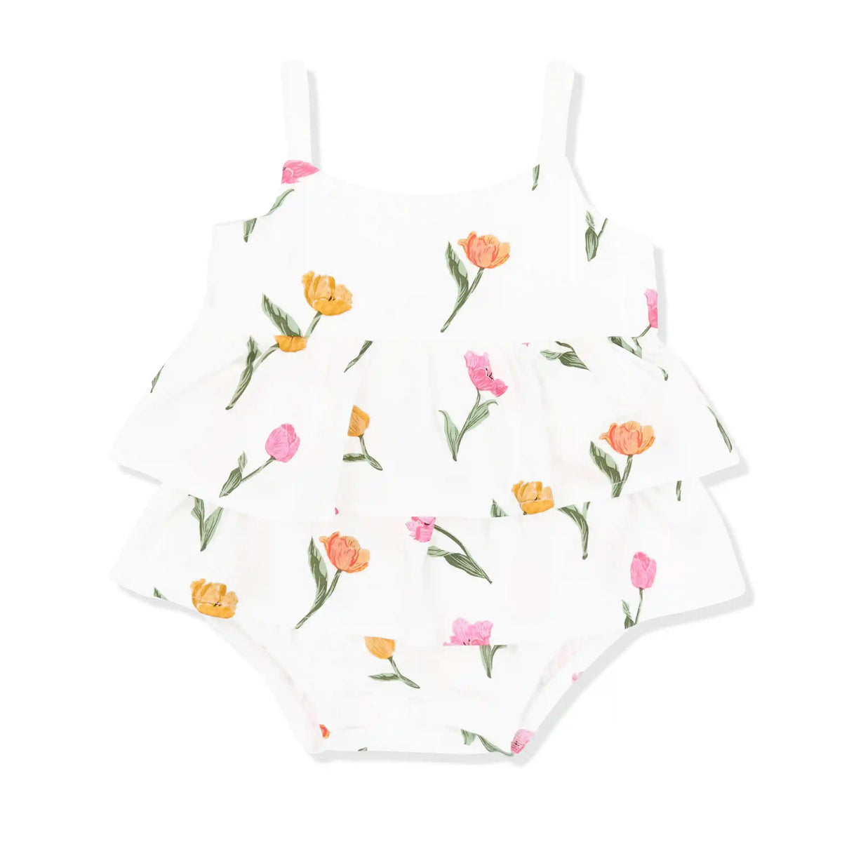 Spaghetti Strap Ruffle Romper in Tulip