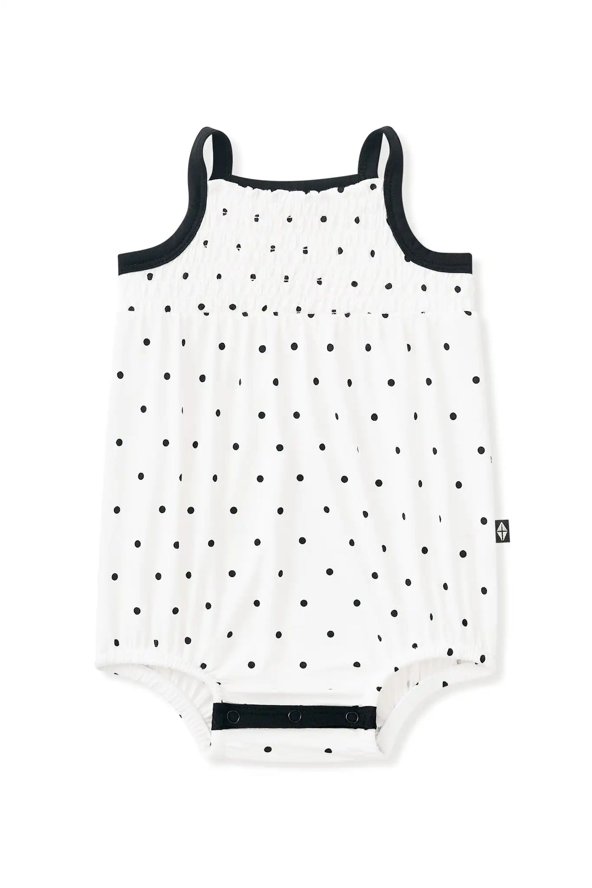 Smocked Bubble Romper in Midnight Polka Dot