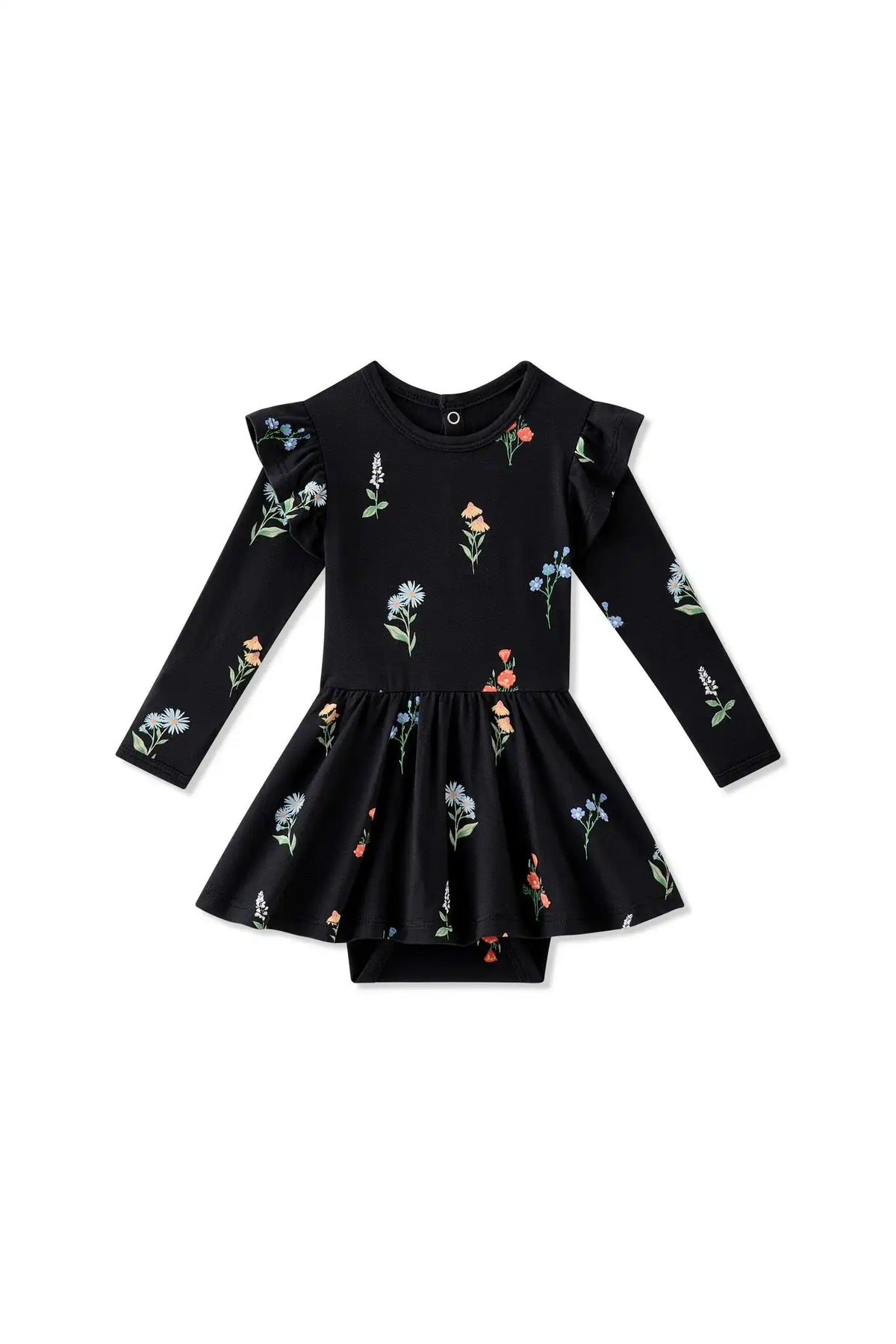 Long Sleeve Twirl Bodysuit Dress in Midnight Wildflower