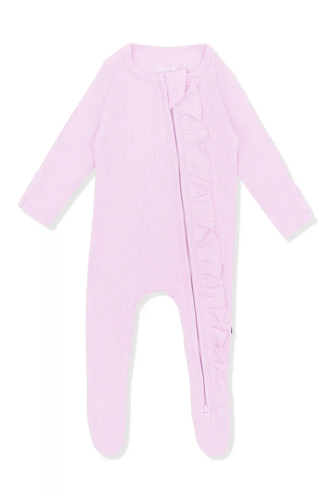 Ribbed Ruffle Zipper Footie in Thistle