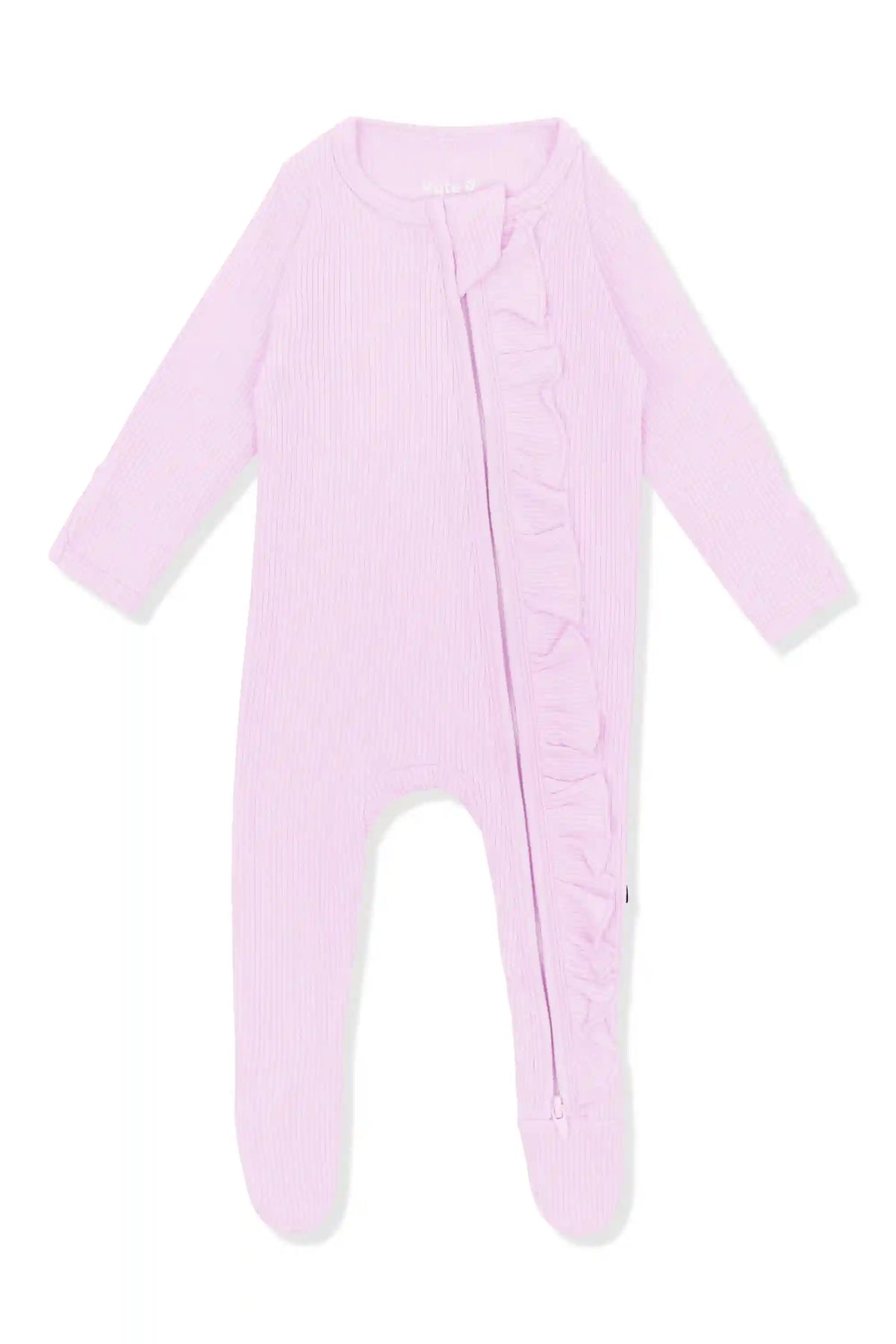 Ribbed Ruffle Zipper Footie in Thistle