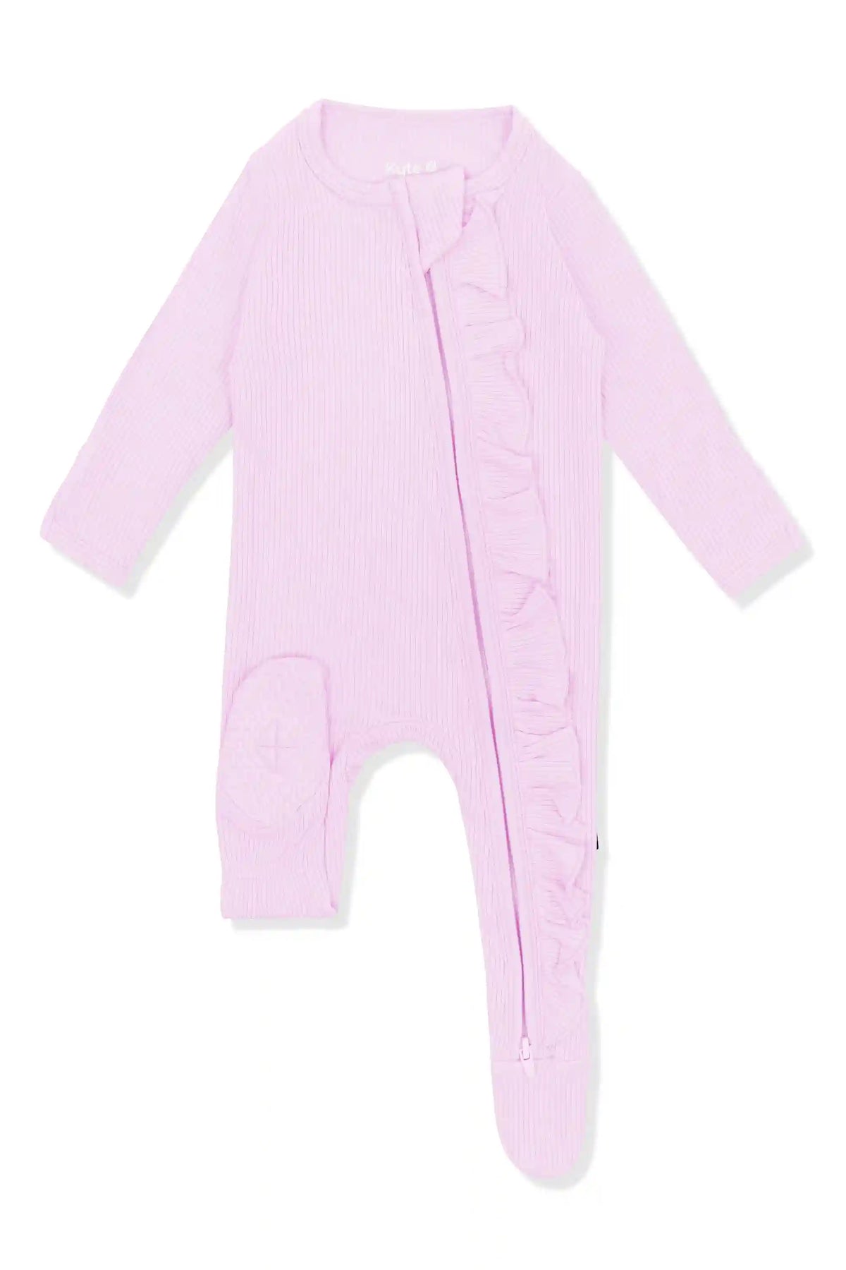 Ribbed Ruffle Zipper Footie in Thistle