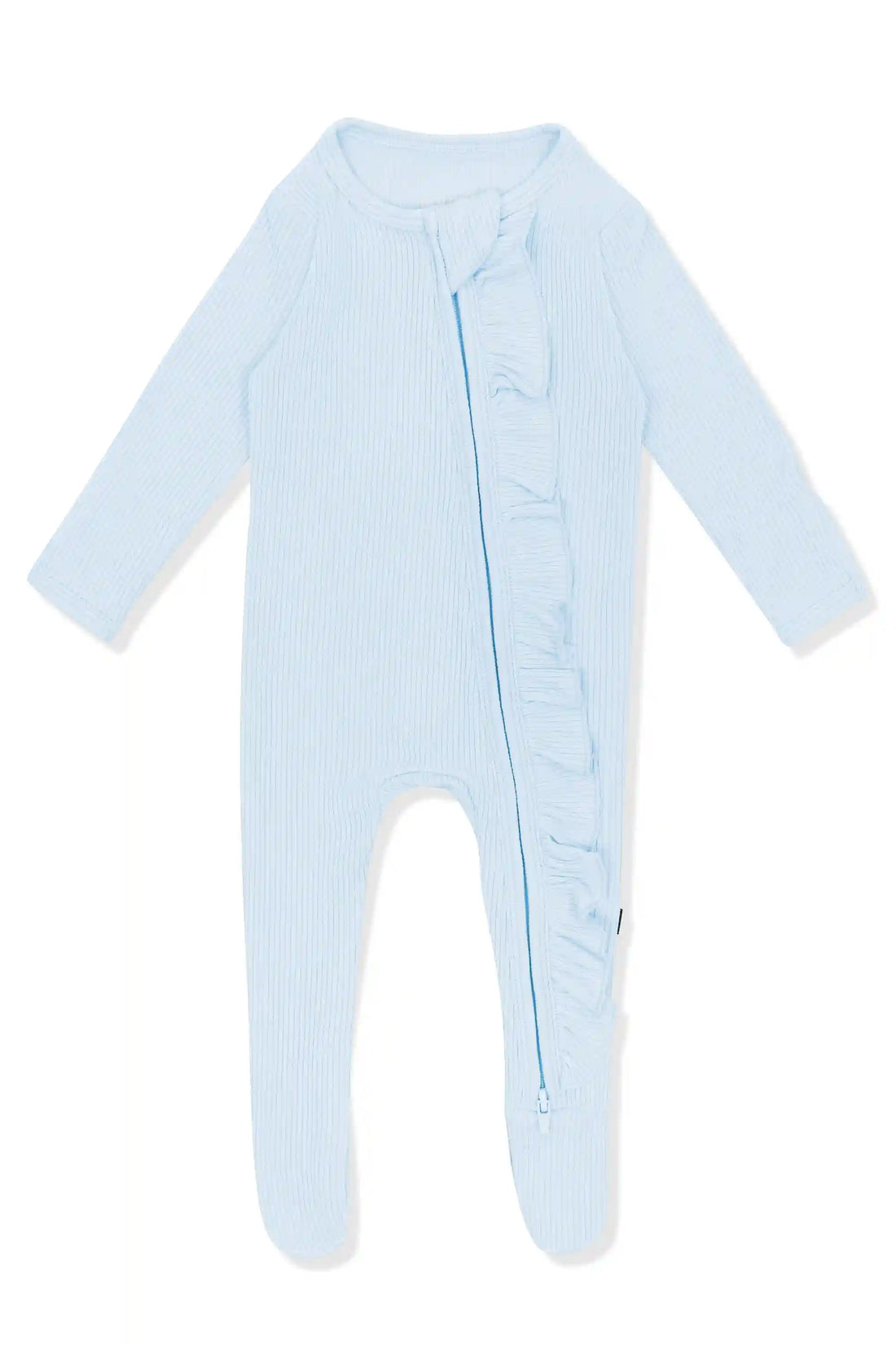 Ribbed Ruffle Zipper Footie in Breeze