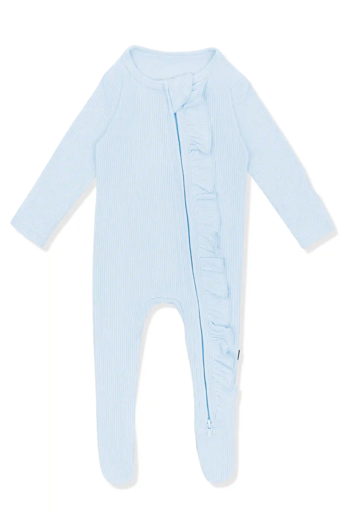 Ribbed Ruffle Zipper Footie in Breeze