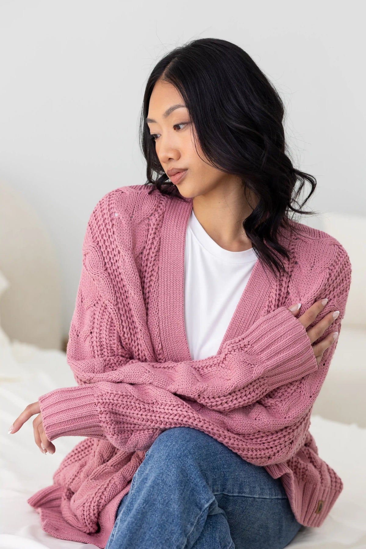 Cable Knit Adult Cardigan in Apple Blossom