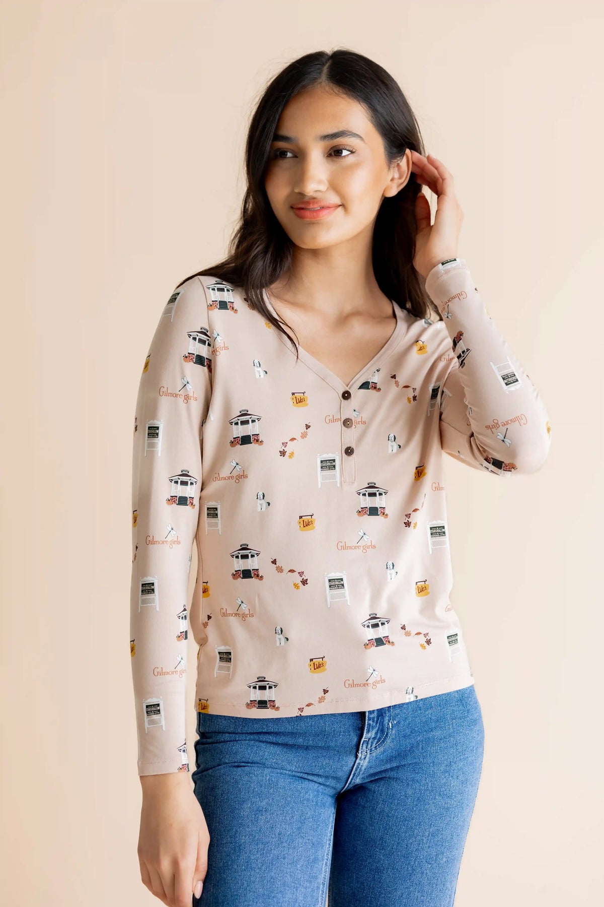 Women's Long Sleeve Henley Tee in Gilmore Girls