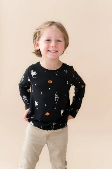 Long Sleeve Toddler Crew Neck Tee in Halloween Friends