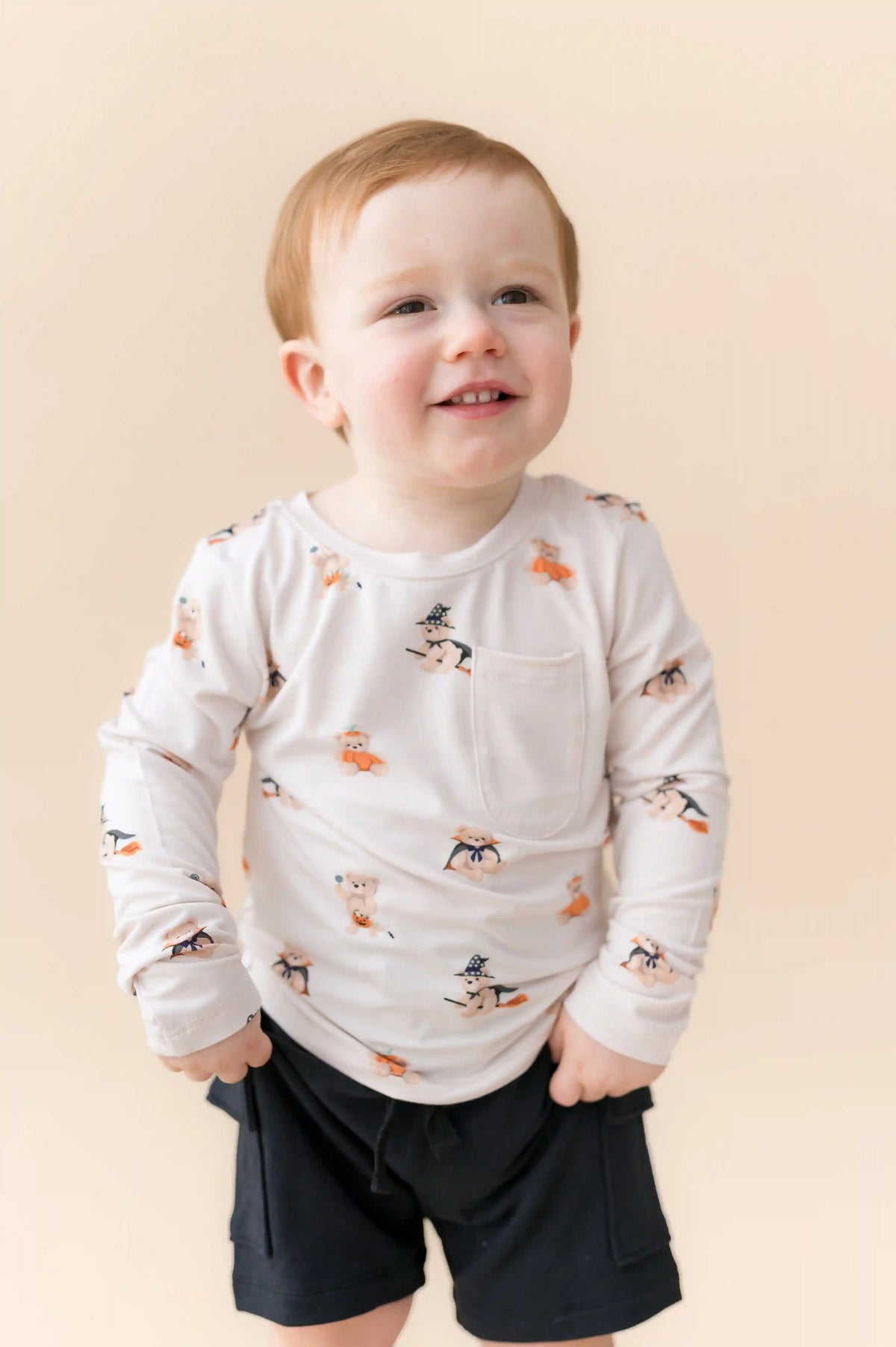 Long Sleeve Toddler Crew Neck Tee in Halloween Teddy