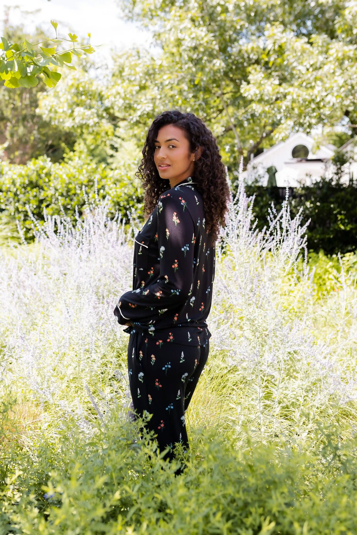 Long-Sleeved Women's Pajama Set in Midnight Wildflower