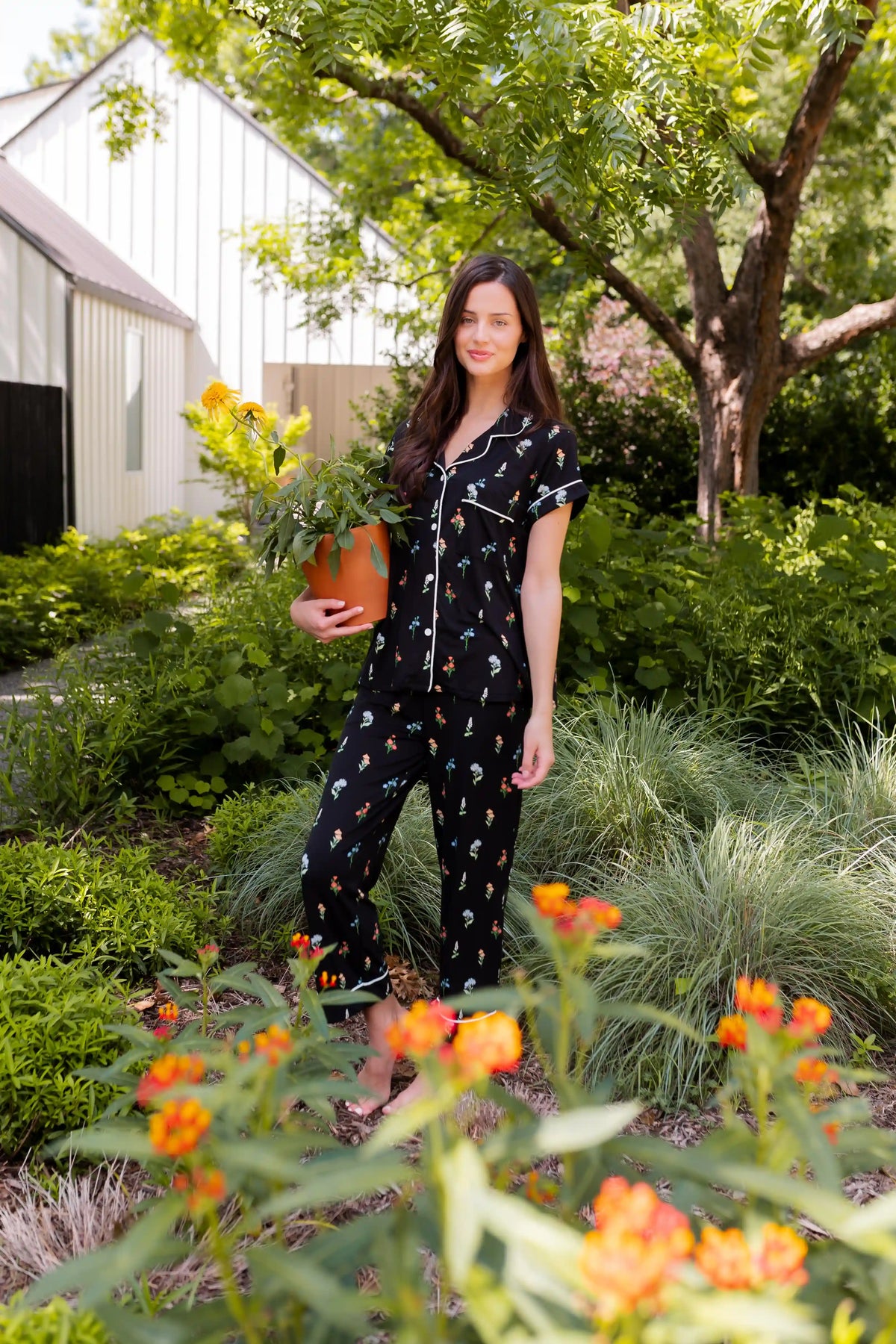 Women's Short Sleeve Cropped Pajama Set in Midnight Wildflower