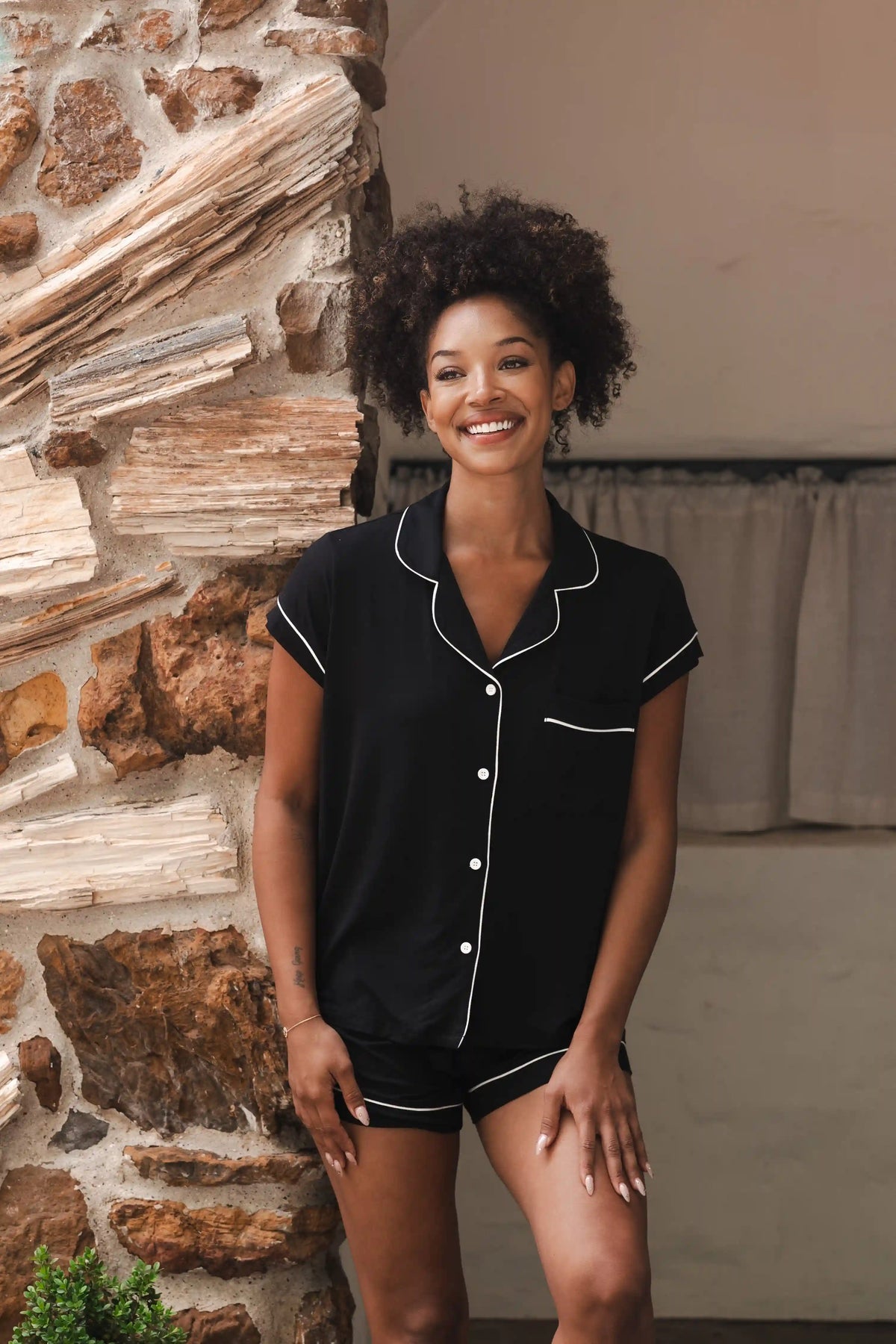 Women’s Short Sleeve Pajama Set in Midnight with Cloud Trim