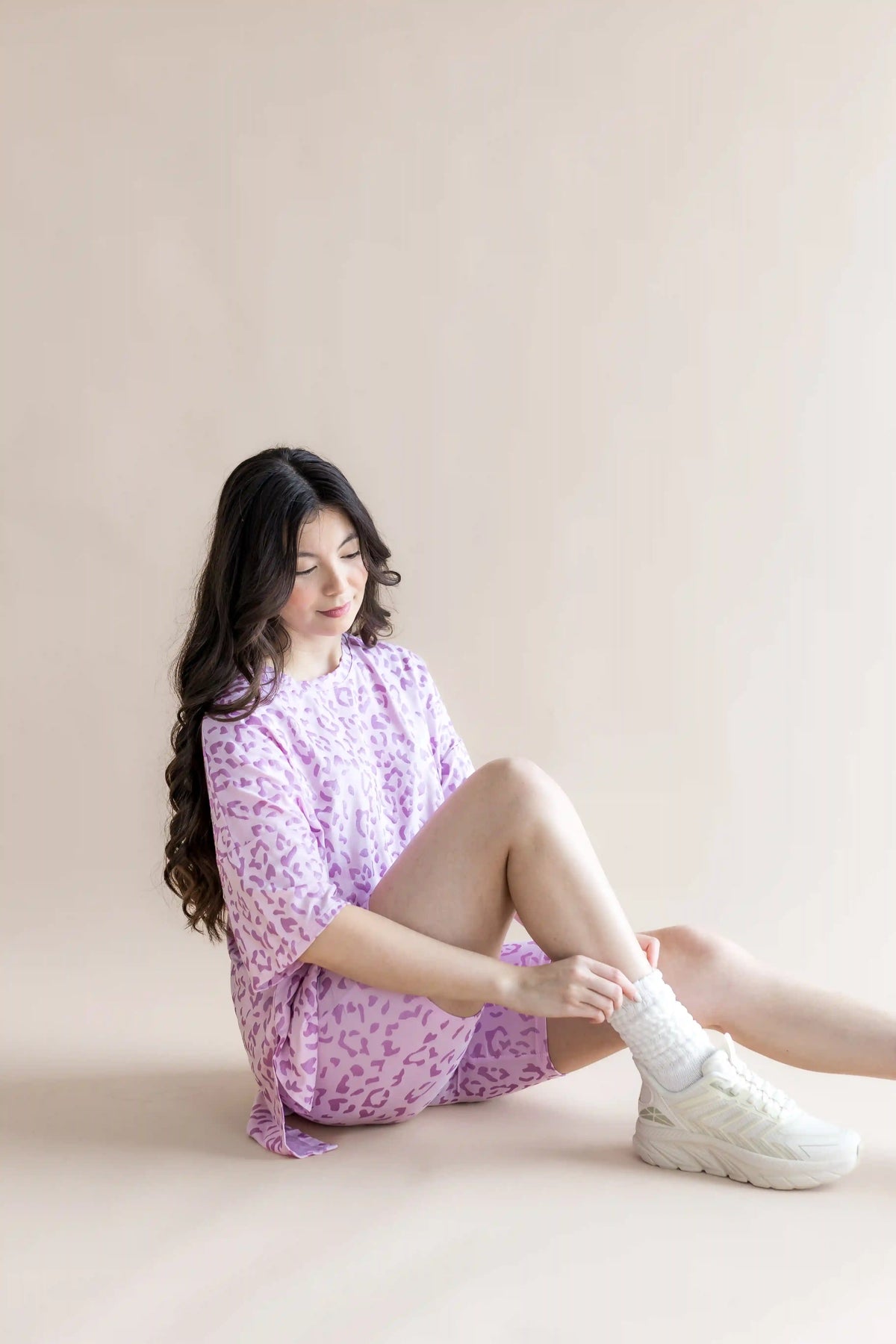 Women’s Biker Short Set in Thistle Leopard