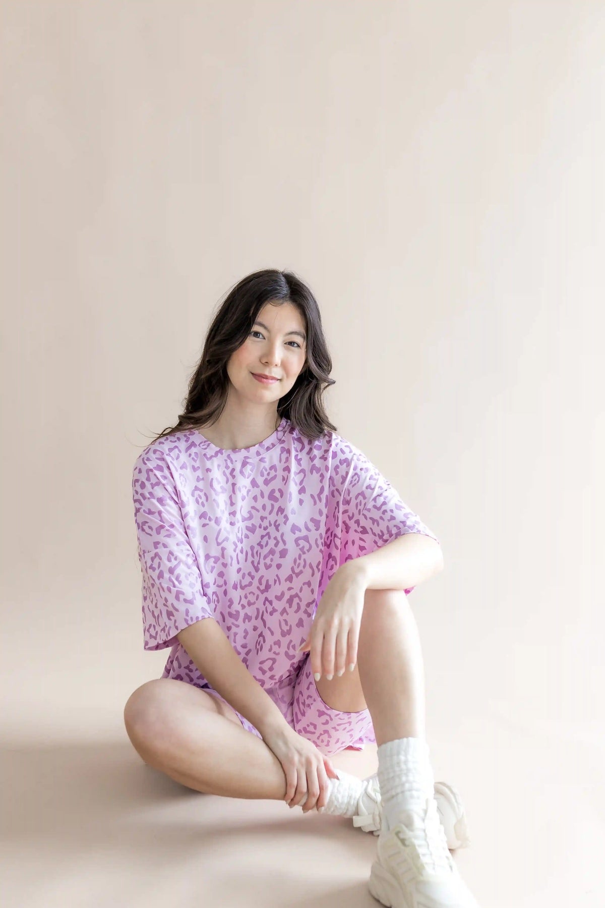 Women’s Biker Short Set in Thistle Leopard