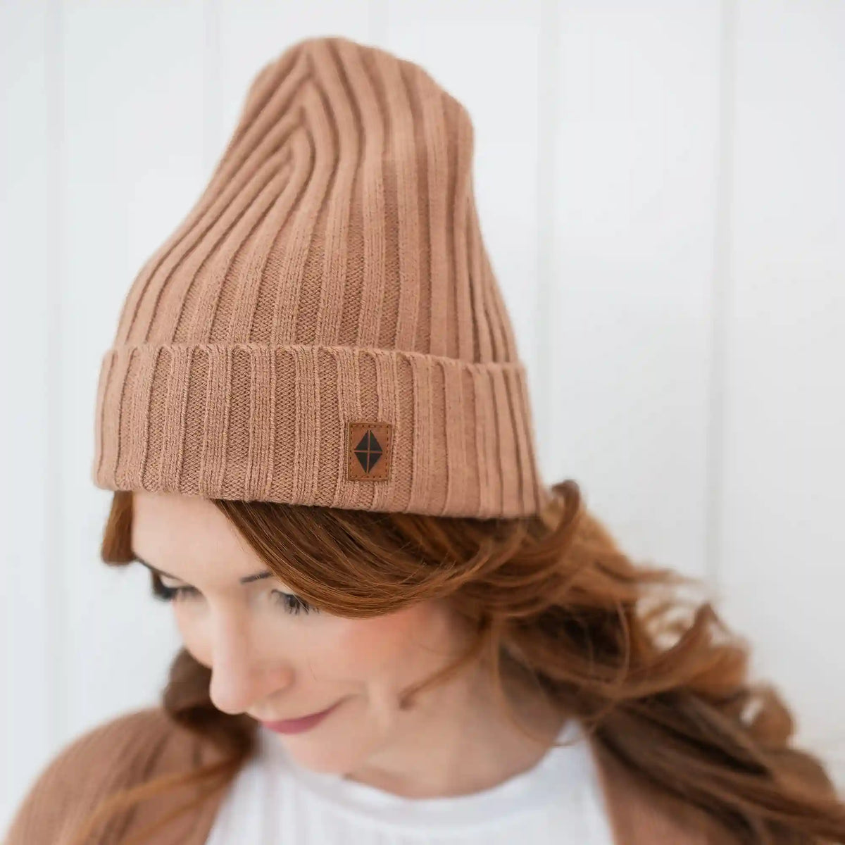 Chunky Knit Adult Ribbed Beanie in Latte