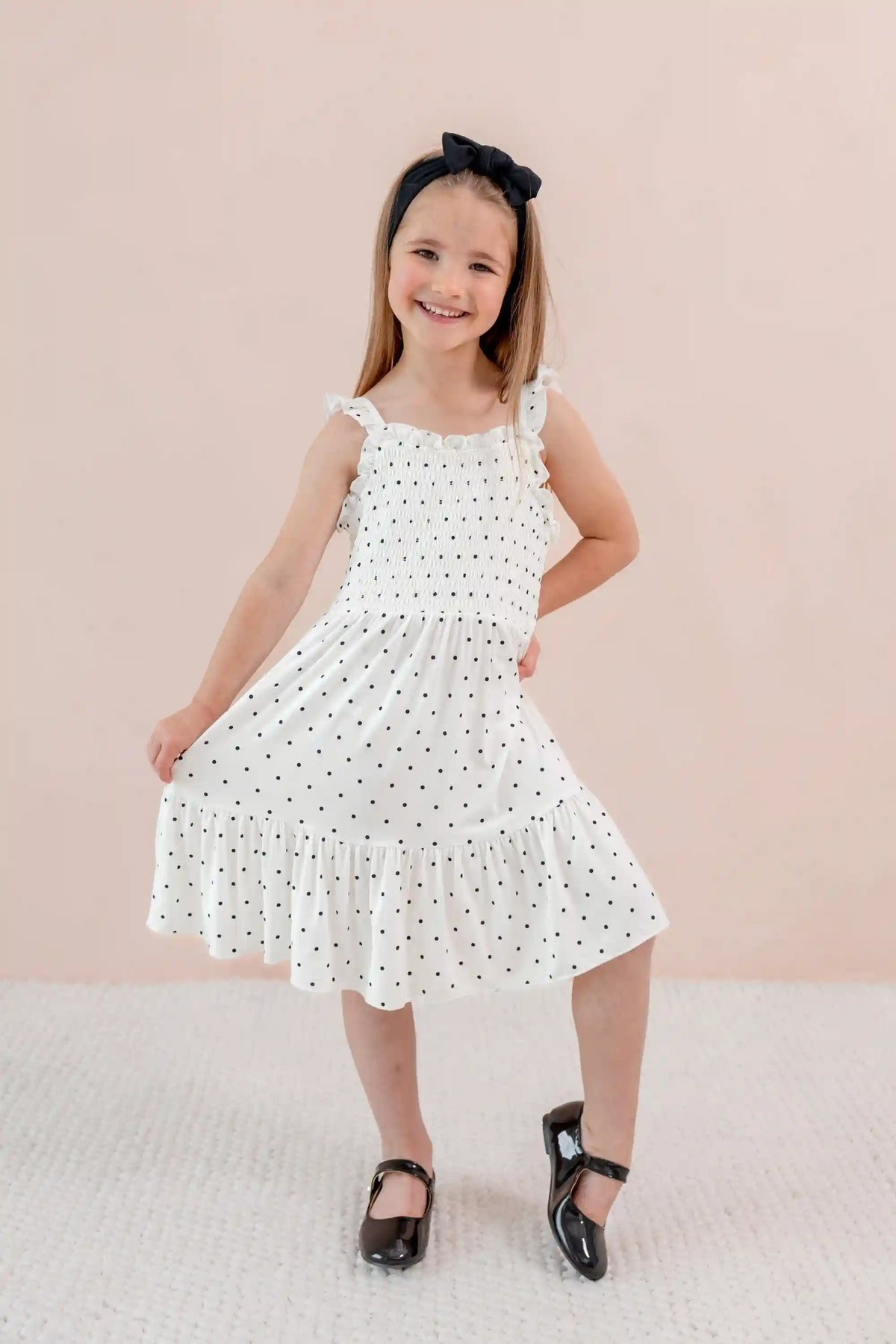 Smocked Dress in Midnight Polka Dot