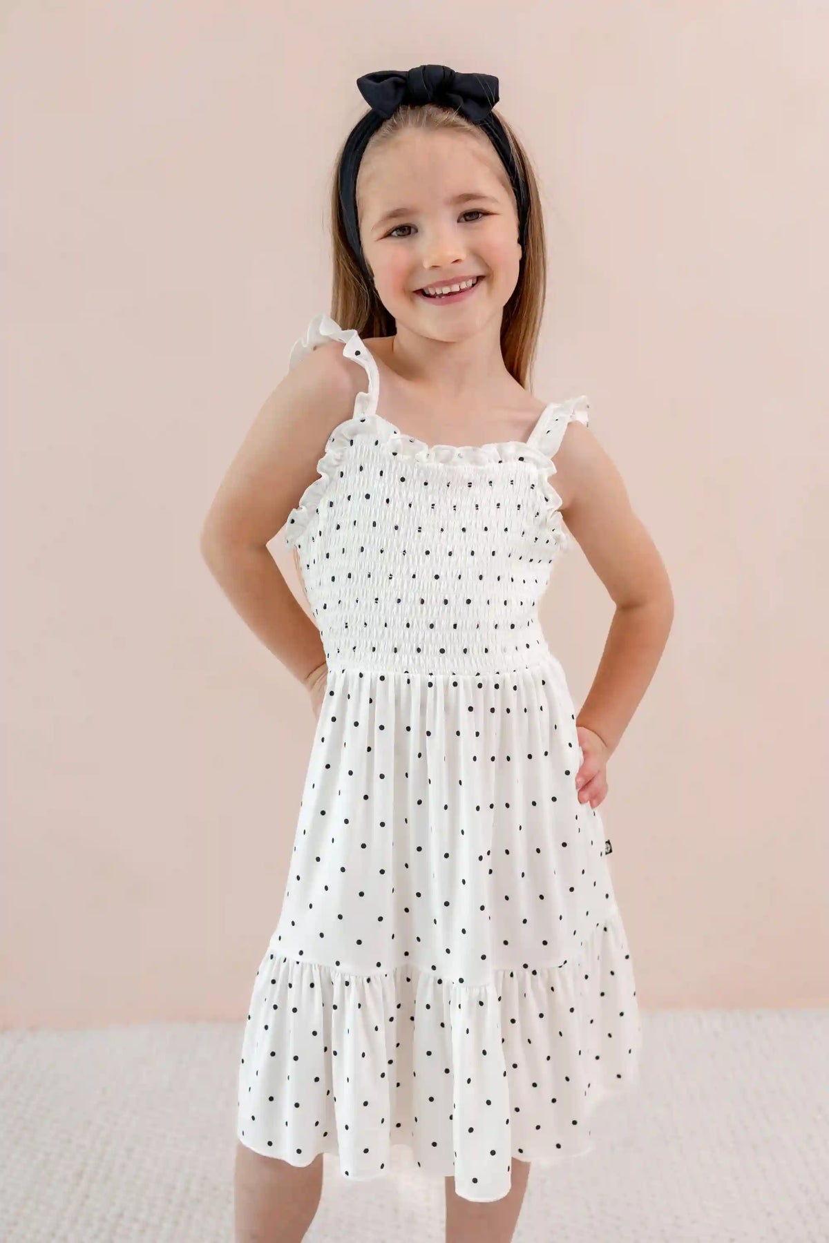 Smocked Dress in Midnight Polka Dot