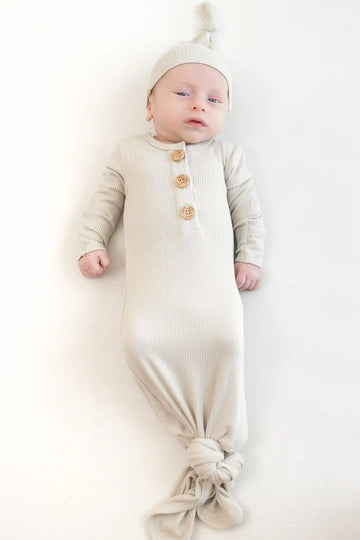 Ribbed Knotted Day Gown with Hat Set in Oat