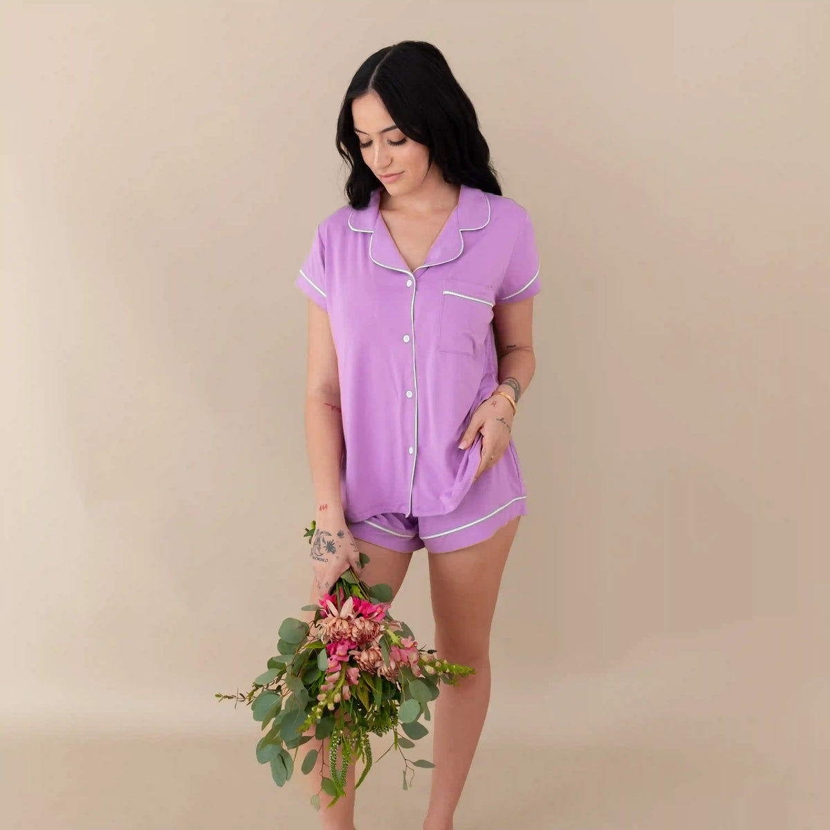 Women’s Short Sleeve Pajama Set in Poi with Cloud Trim