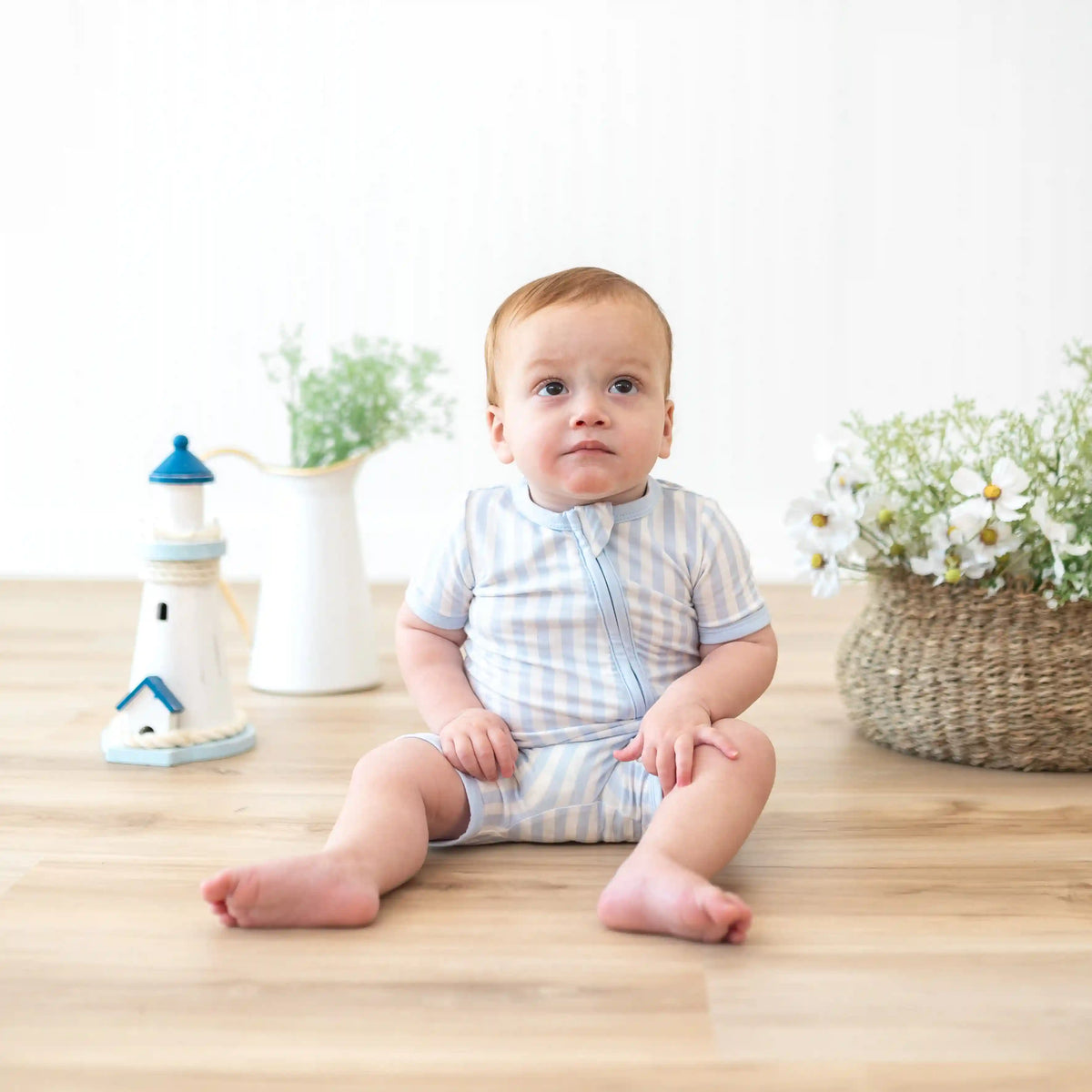 Zipper Shortall Romper in Small Mist Stripe