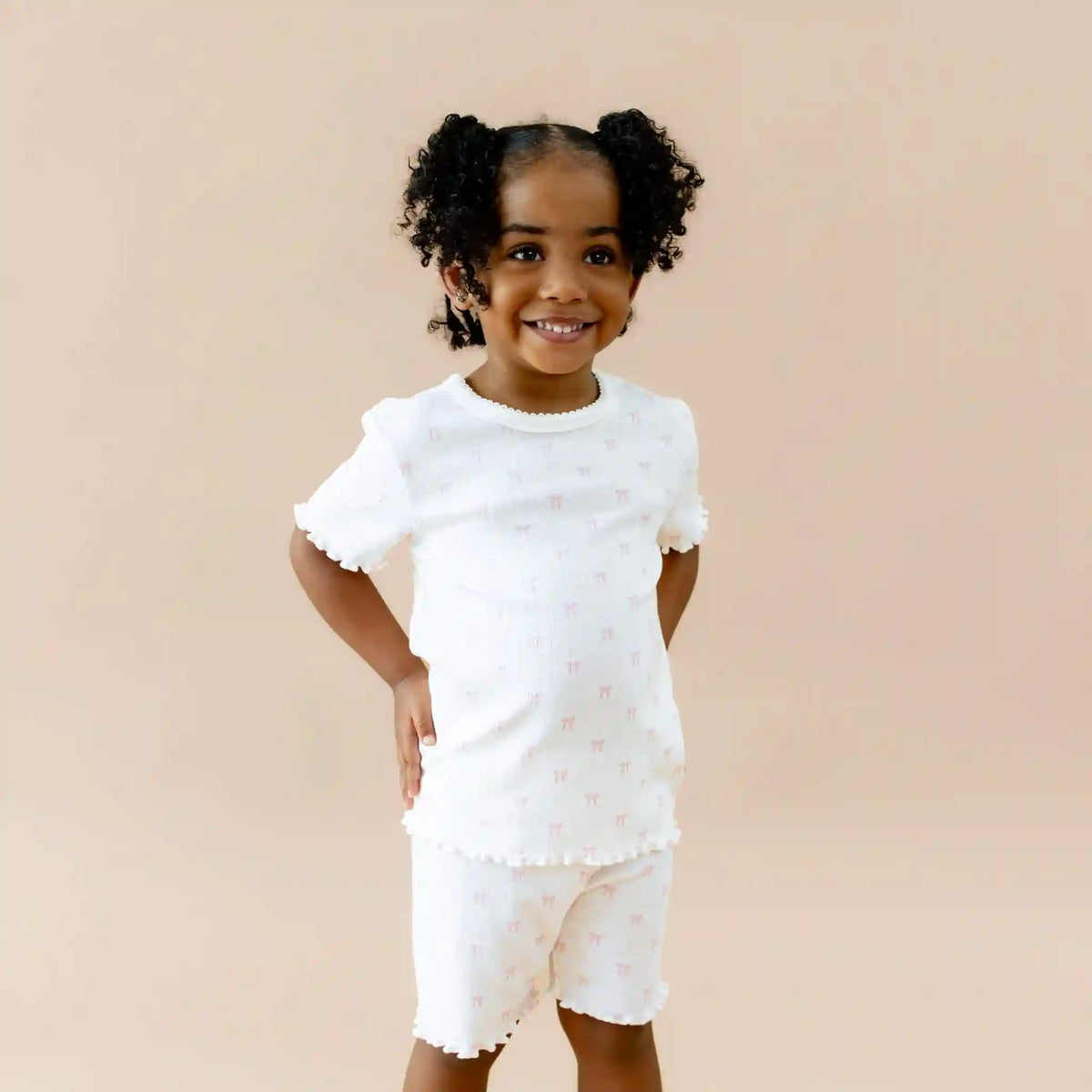 Pointelle Short Sleeve Set in Sweet Pink Bow
