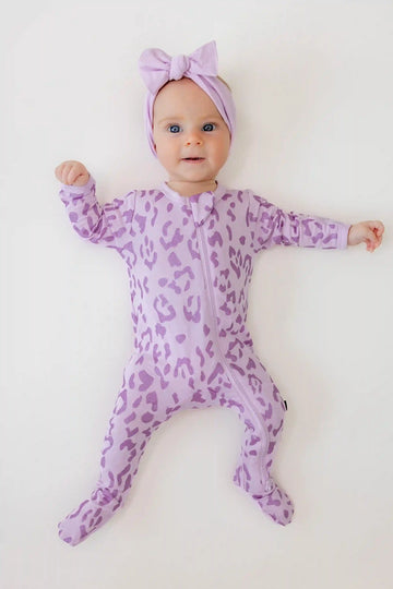Zippered Footie in Thistle Leopard