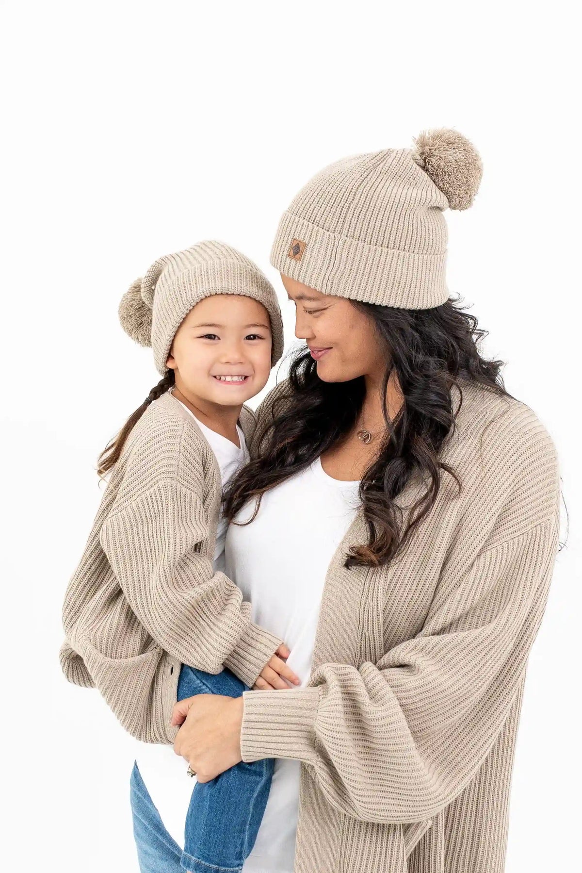 Chunky Knit Adult Pom Beanie in Almond