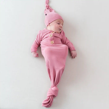 Ribbed Knotted Day Gown with Hat Set in Apple Blossom