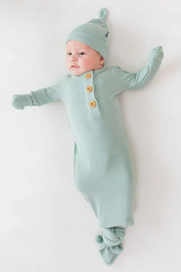 Ribbed Knotted Day Gown with Hat Set in Sage