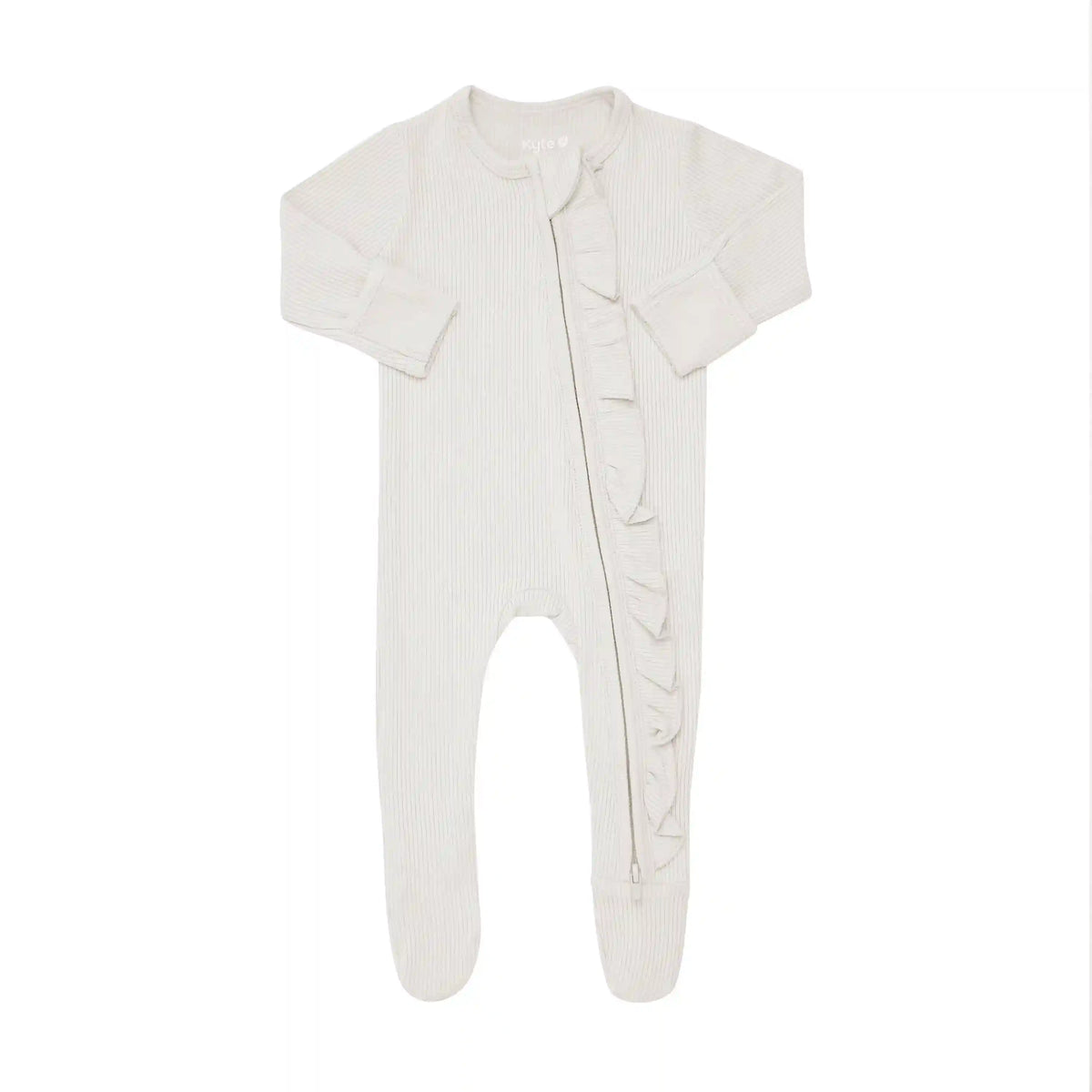 Ribbed Ruffle Zipper Footie in Oat