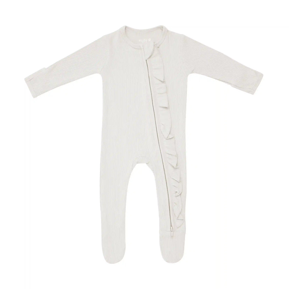Ribbed Ruffle Zipper Footie in Oat