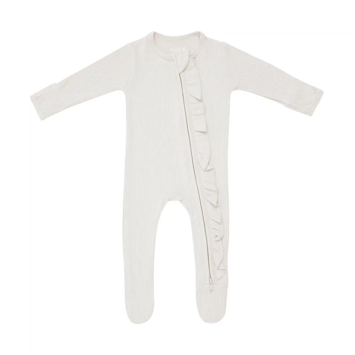 Ribbed Ruffle Zipper Footie in Oat