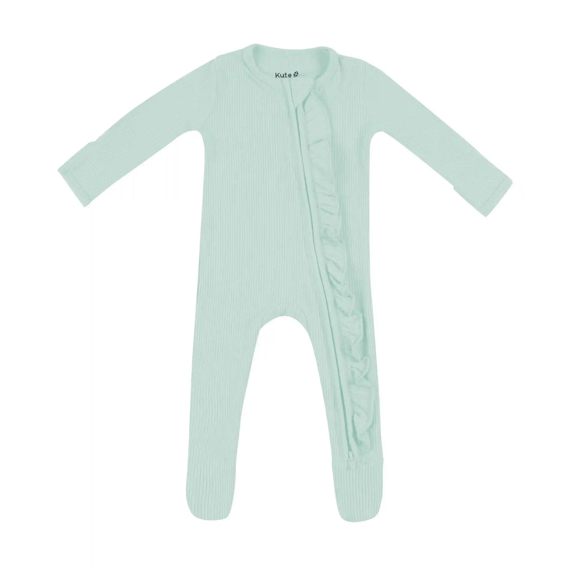 Ribbed Ruffle Zipper Footie in Sage