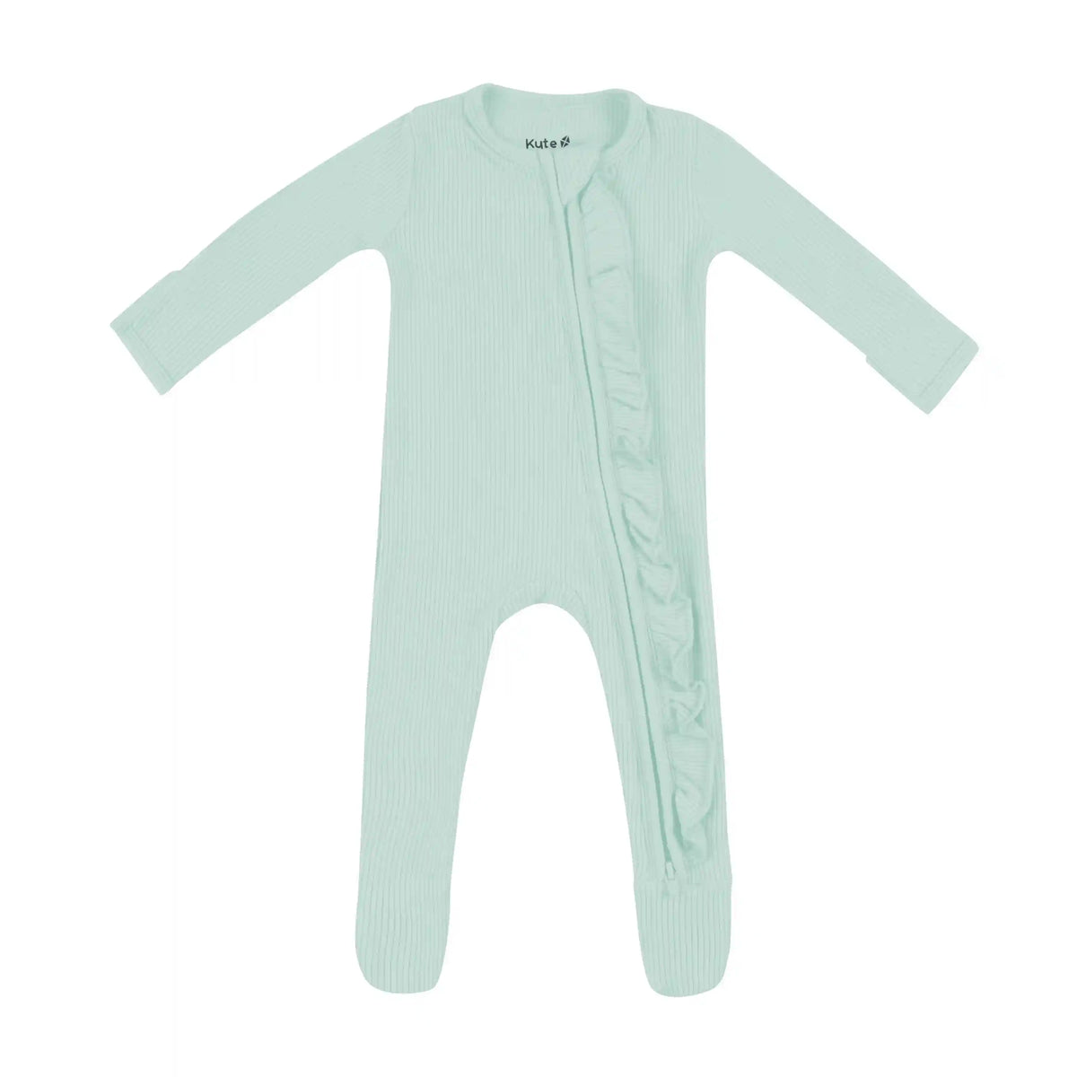 Ribbed Ruffle Zipper Footie in Sage