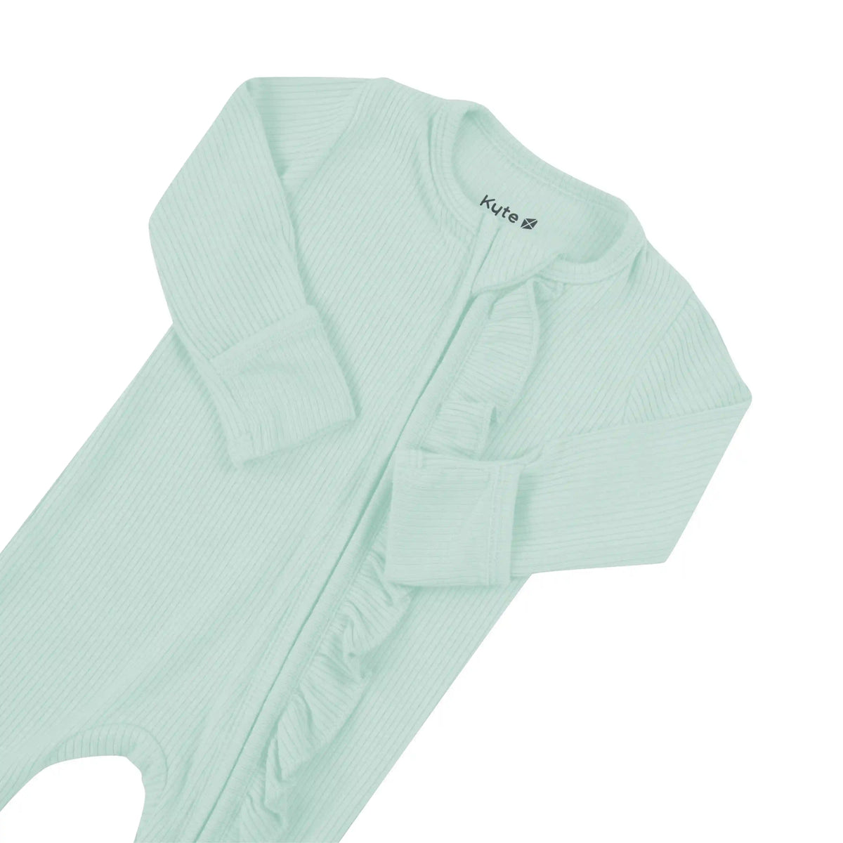 Ribbed Ruffle Zipper Footie in Sage